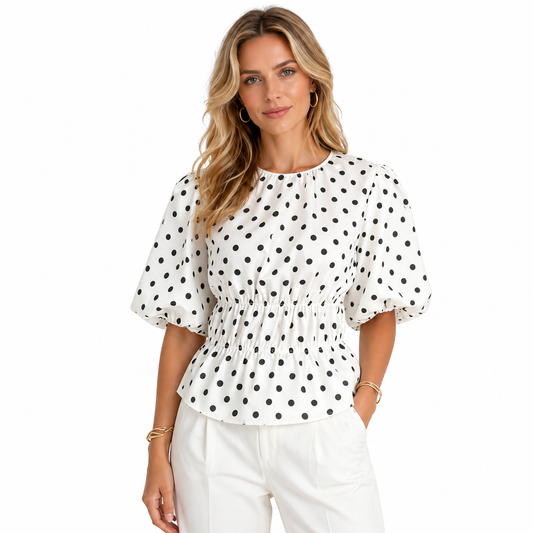 Tina blouse -stippenprint en pofmouwen